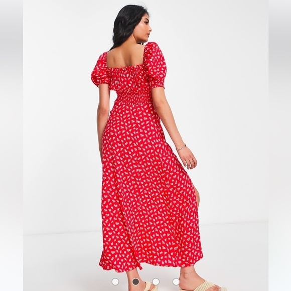 & Other Stories Red Floral Puff Sleeve Milkmaid Maxi Dress Cottagecore Coquette - Picture 4 of 15